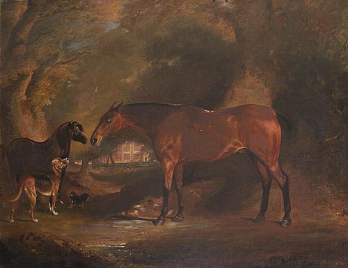 A Bay Horse, Pony, Bloodhound and Dachshund outside Felbrigg Hall, Norfolk, 1850, 