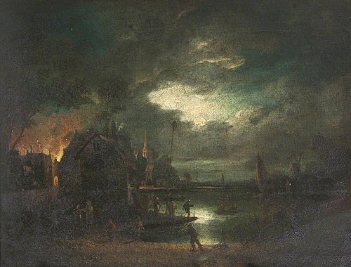 Moonlit River Scene with a Building on Fire, 1749, 
