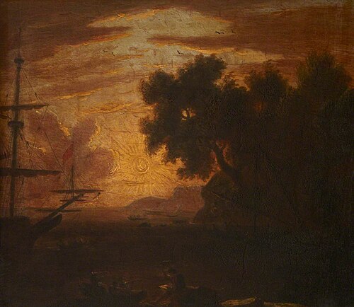 A Sunset Coastal Scene with an Anchored Frigate and Figures in a Longboat, 1749, 