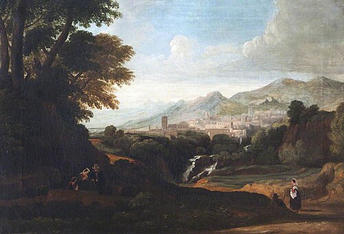 Italianate Landscape, with Country Folk, with a Town on the far side of a Waterfall, 1814, 
