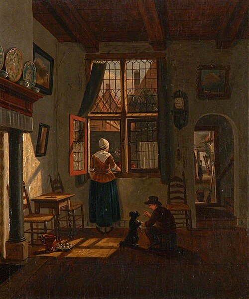 A Dutch Interior with a Woman looking out of a Window and a Boy training a Dog to sit, 1849, 