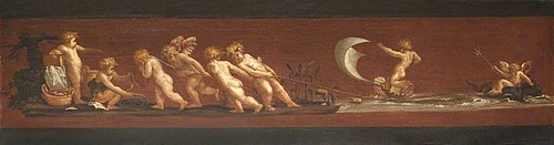 Putti and a Cupid pulling in a Net with a Putto on a Cockleshell Boat, 1657, 