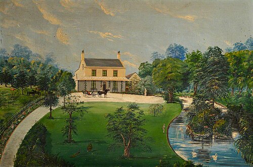 View of a House with Garden, Pond, Horse and Carriage, 1849, 