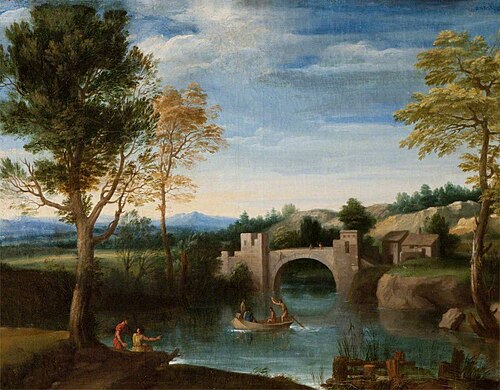 River Scene with Fortified Bridge and Figures in a Boat, 1649, 