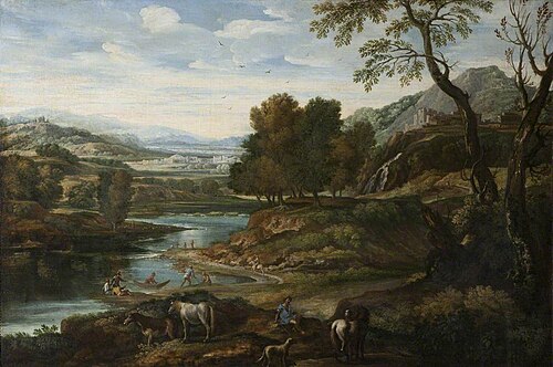 A Hilly River Landscape with Figures and Animals in the foreground, 1684, 
