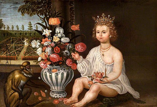 A Royal Child seated by a Vase of Flowers and a Monkey with a Garden beyond with the figure of Pomon, 1649, 