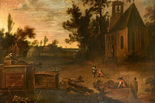 A Wooded Landscape with a Churchyard and Gravediggers, 1612, 