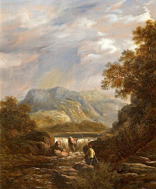 A Mountainous Wooded River Landscape with an Angler, 1800, 