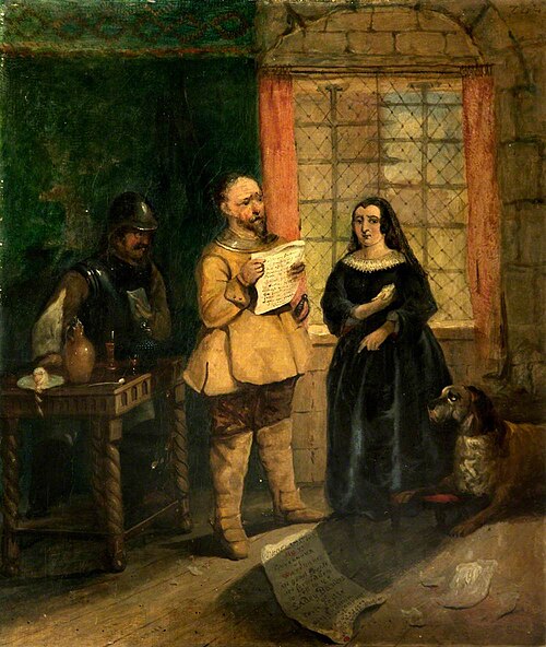Dame Mary Bankes reading the Terms of Surrender at Corfe Castle with a Parliamentary Officer, 1850, 