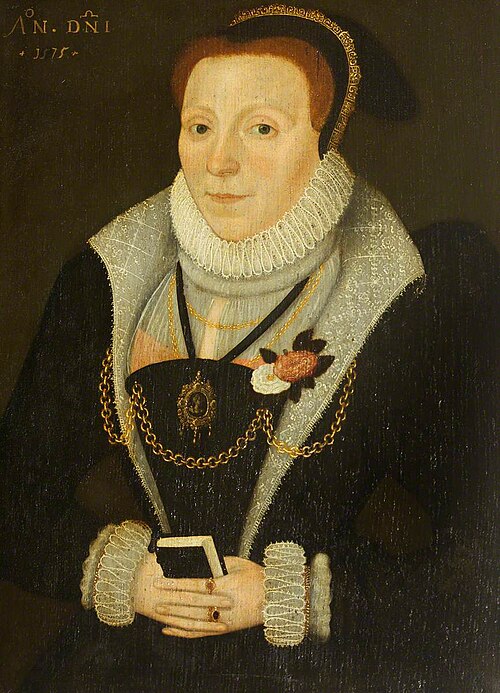 Elizabeth of York wearing the White Rose of the York and the Red Rose of Lancaster, 1575, 