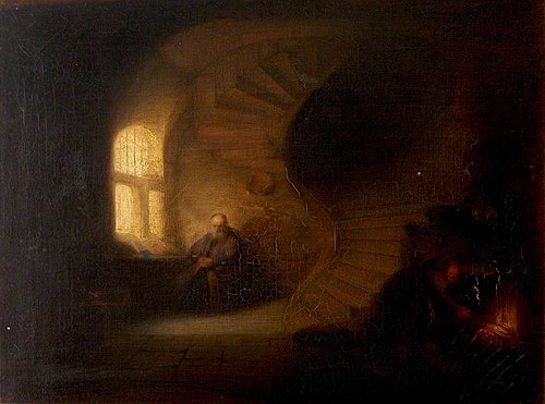 Old Scholar in a Room with a Spiral Stair and Maid stoking Fire (after Rembrandt), 1664, 
