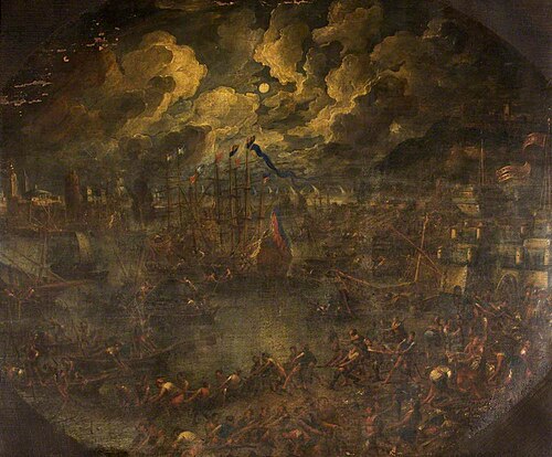 Harbour Scene by Moonlight with an Army of Fishermen, 1684, 