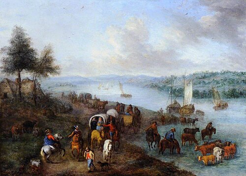 River Landscape with Horsemen and Carts on a Road, 1649, 