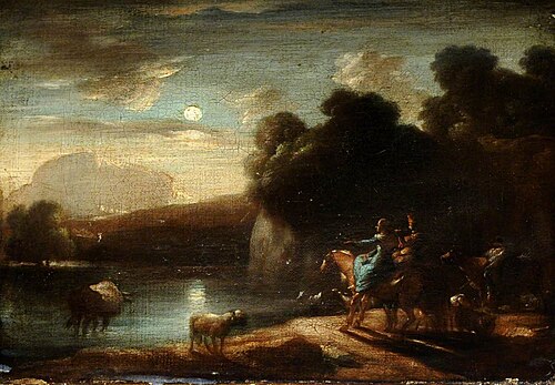 Moonlit River Landscape with Travellers on a Path, 1814, 