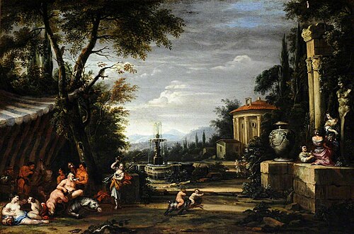 Bacchanal in a Garden, with Temple of Vesta and a Fountain, 1664, 