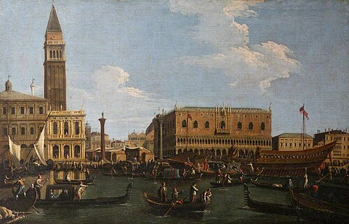 The Molo seen from the Bacino, with the Booths of the Ascension Day Fair and the Bucintoro, 1755, 