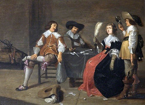 Three Men and a Woman playing Cards  or Three Cavaliers and a Lady in an Interior, 1649, 