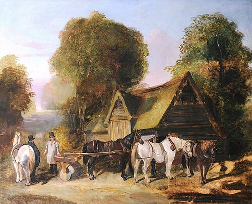 Figures and Carthorses outside a Thatched Barn, 1884, 