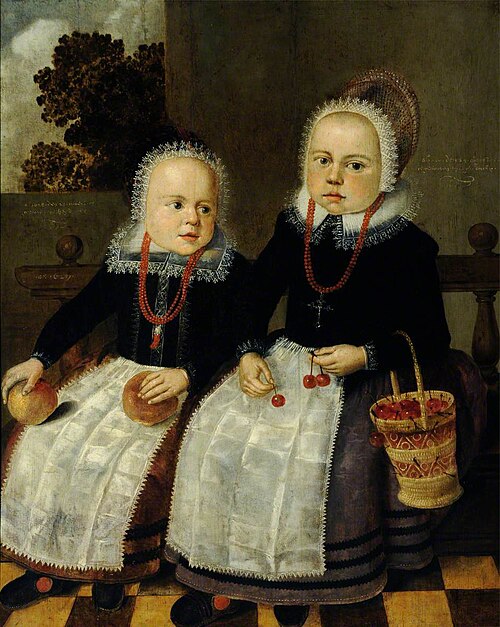 Two Dutch Children, holding apples and cherries and a straw bag, 1629, 
