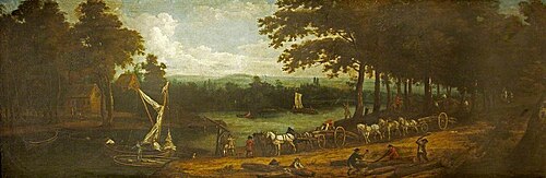 A Wooded River Landscape with Timber Wagons, 1684, 