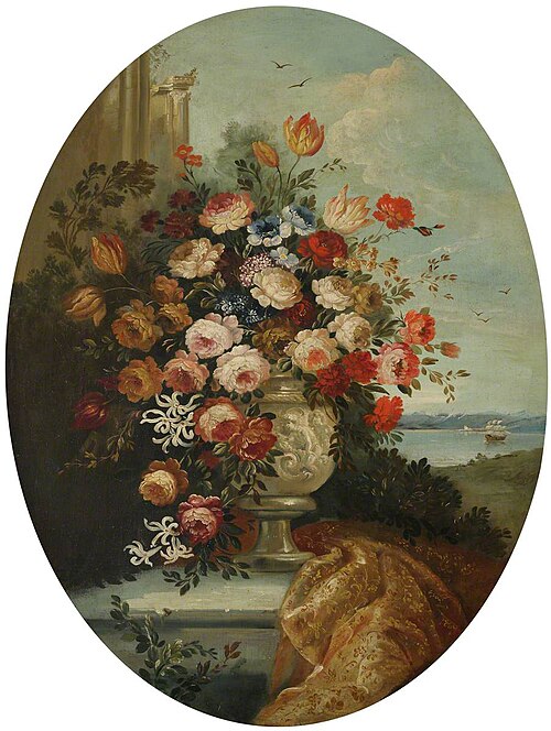 Flowers in a Sculptured Marble Urn with a Ship in the Background, 1849, 