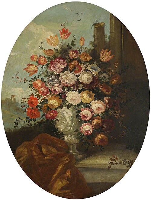 Flowers in a Sculptured Marble Urn with Classical Ruins in the background, 1849, 