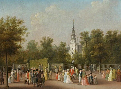 Figures promenading in front of Rosenborg Castle, Denmark, 1787, 