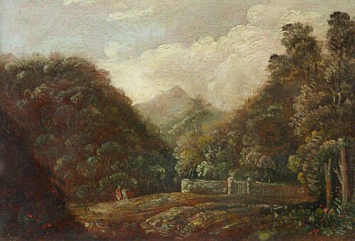 Wooded and Hilly Landscape with Two Figures by a Stone Wall with a Gate, 1849, 