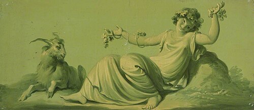 A Set of 16 Monochrome  Painted Panels of Mythological Scenes: a Bacchante and a Goat, 1780, 