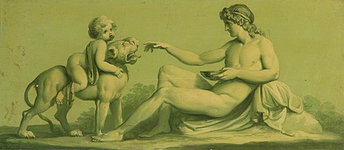 A Set of 16 Monochrome Painted Panels of Mythological Scenes: a Seated Male Nude with a Boy riding a, 1780, 