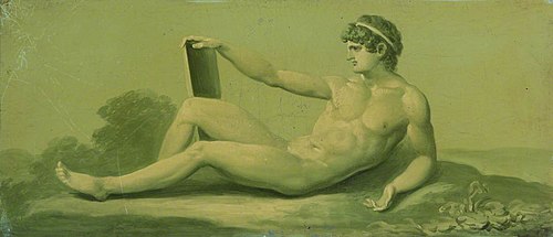 A Set of 16 Monochrome Painted Panels of Mythological Scenes: a Reclining Male Nude, 1780, 