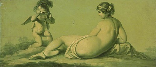 A Set of 16 Monochrome Painted Panels of Mythological Scenes: Venus with Cupid trying on Mars's Helm, 1780, 