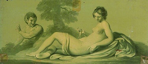 A Set of 16 Monochrome Painted Panels of Mythological Scenes: a Reclining Nude and Satyr, 1780, 