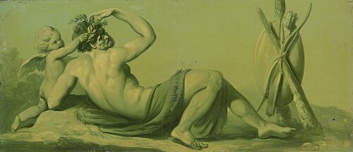 A Set of 16 Monochrome Painted Panels of Mythological Scenes: a Cupid garlanding a Huntsman, 1780, 
