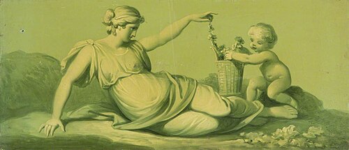 A Set of 16 Monochrome Painted Panels of Mythological Scenes: a Reclining Female with a Putto and a , 1780, 