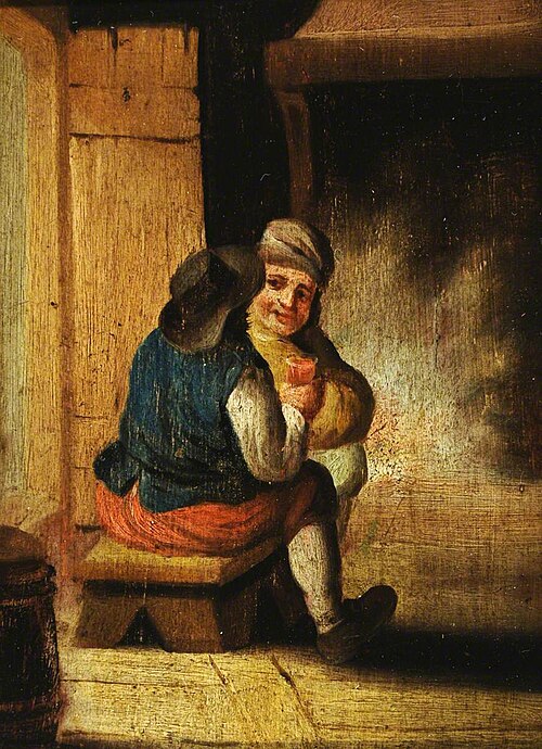 Two Men Seated on a Bench Drinking, 1849, 