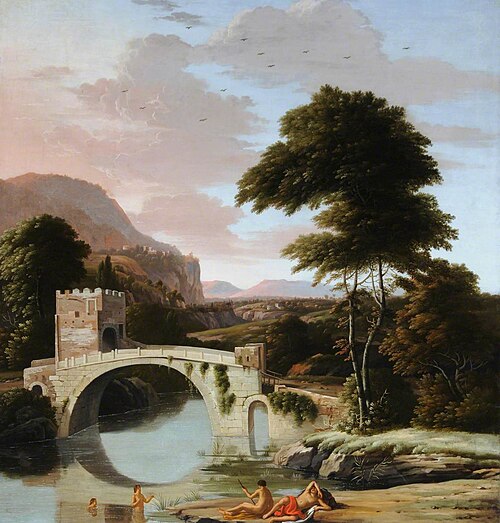 Figures bathing by a River with a Fortified Bridge, 1750, 