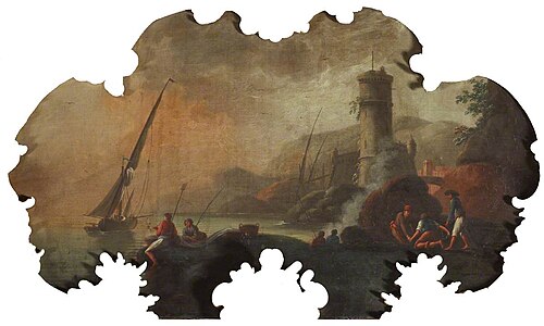Harbour Scene with Tower and Figures, 1750, 