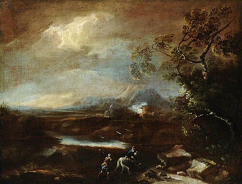 Stormy Mountainous Italianate Landscape with Travellers, 1649, 