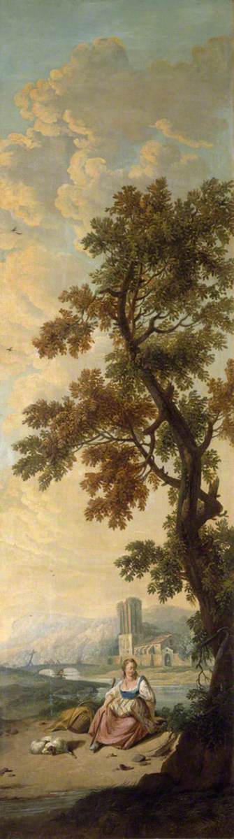 Landscape with Female Figure Seated beneath a Tall Tree in a River Landscape, her Dog Asleep, 1775, 