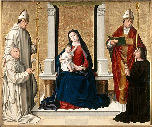 La Vierge et l’Enfant entre saint Hugues, un saint évêque et un donateur chartreux, 1500, 