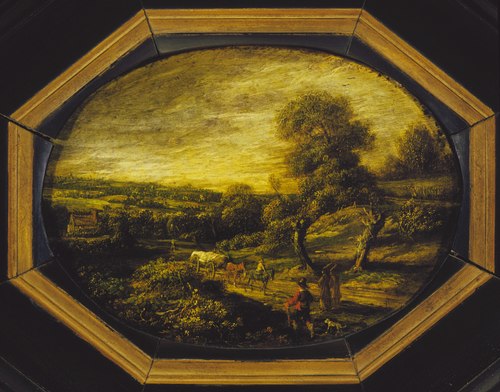 Glooiend landschap met twee monniken, 1649, 