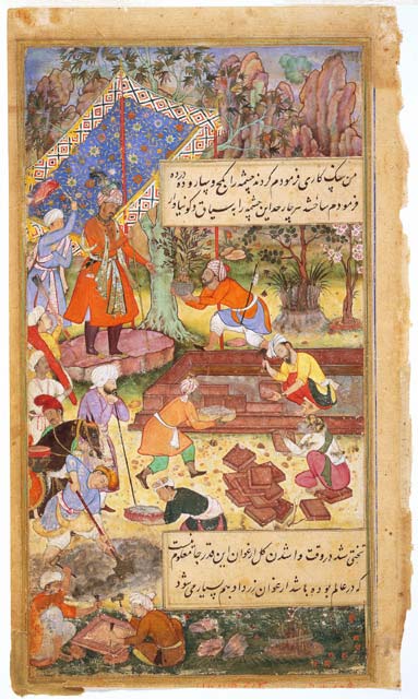 Folio from a "Baburnama" Manuscript: Emperor Babur Babur Supervising the Creation of a Garden, 1594, 