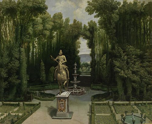 Vista de los jardines de la Casa de Campo con la estatua de Felipe III, 1634, 