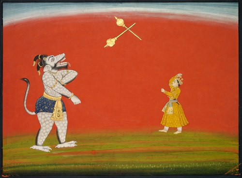 Pradyumna and Samvara fight with maces: Leaf from the "Large Basohli Bhagavata Purana", 1762, 