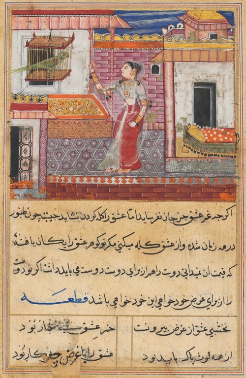 The Parrot Addresses Khujasta at the Beginning of the Thirteenth Night, from a Tuti-nama (Tales of a, 1560, 