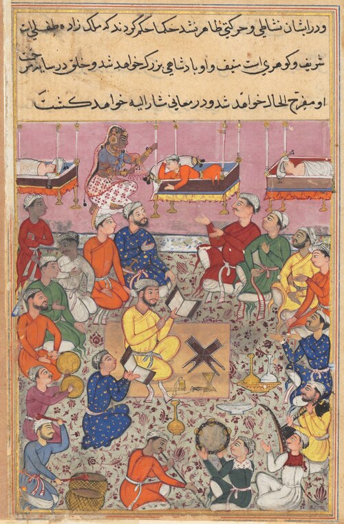 The infant son of the king of Isfahan responds to music, from a Tuti-nama (Tales of a Parrot): Thirt, 1560, 
