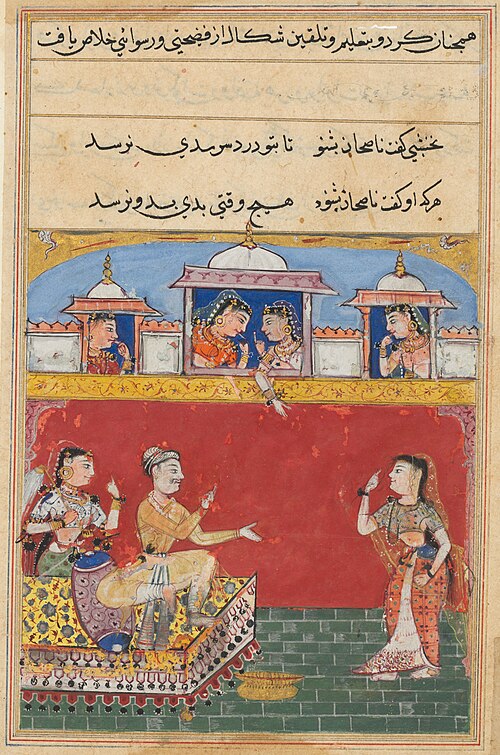 The daughter-in-law returns from her misadventure, feigning insanity, from a Tuti-nama (Tales of a P, 1560, 