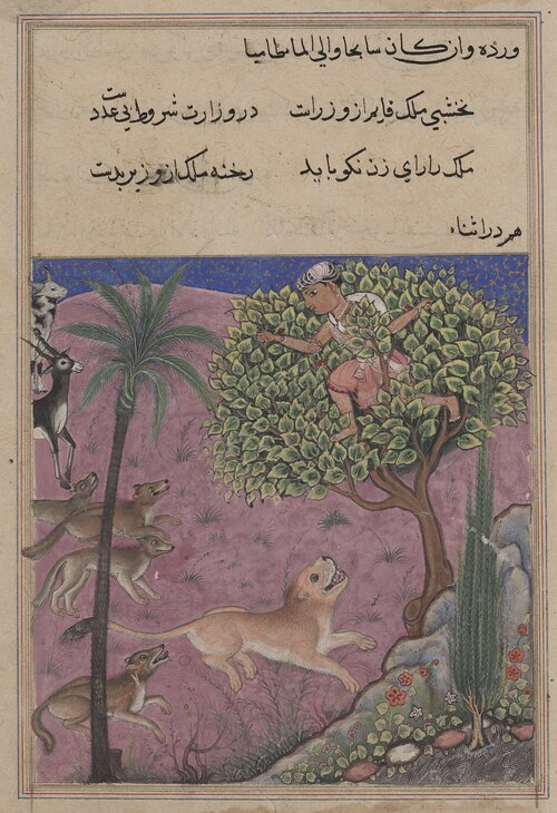 The wolf and the jackal, serving as viziers, instigate the lion who pursues the Brahman up a tree, f, 1560, 