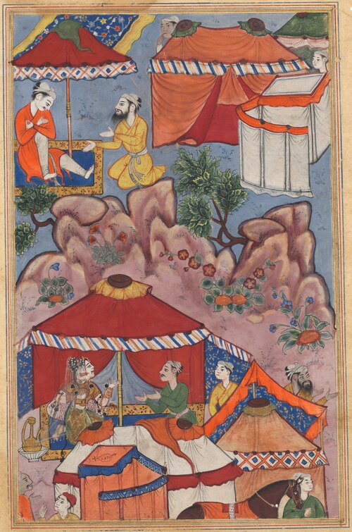 Bashir confides his love for Habbaza to an Arab friend, and sends him to her with a message, from a , 1560, 